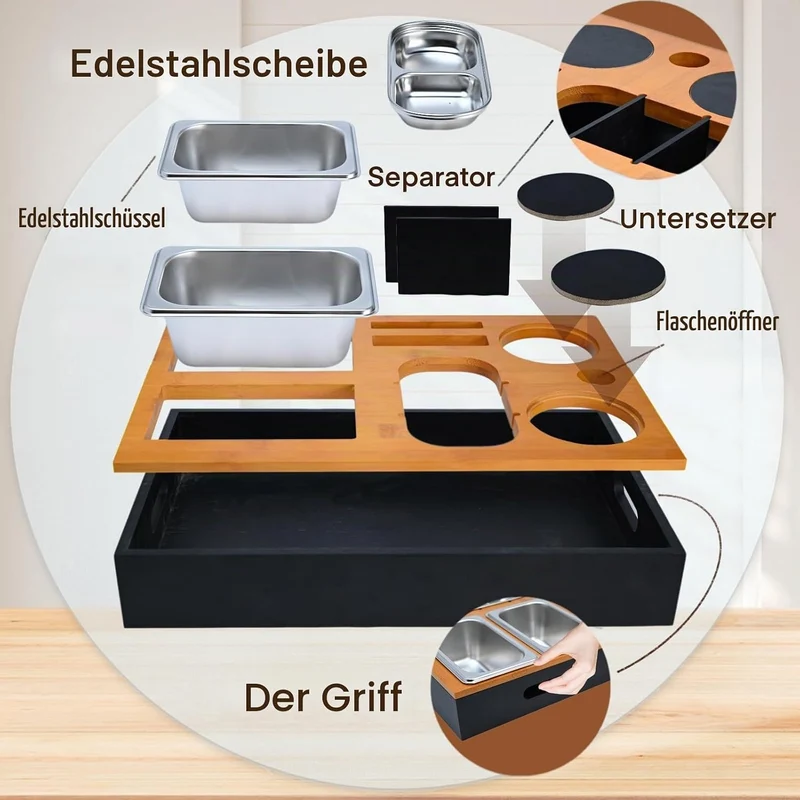 Couchbar Snackbox, Couch Tablett Mit Snackschalen Aus Edelstahl, Praktischer Sofatablett Snackbox mi