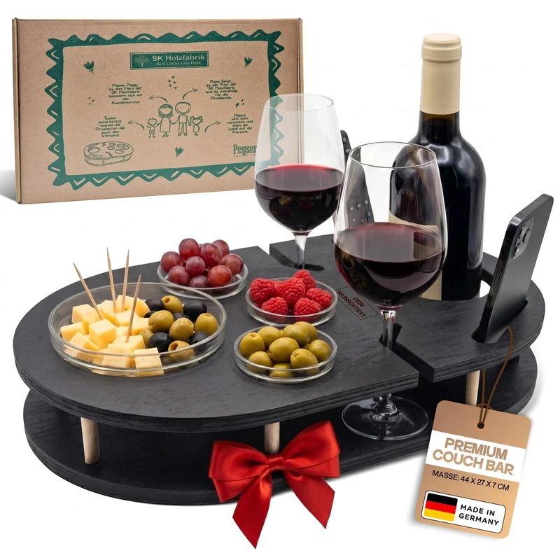 Couchbar Weinbar in schwarz mit 4 Glasschalen | Snackbar für Wein mit Getränkehalterung für Weingläs