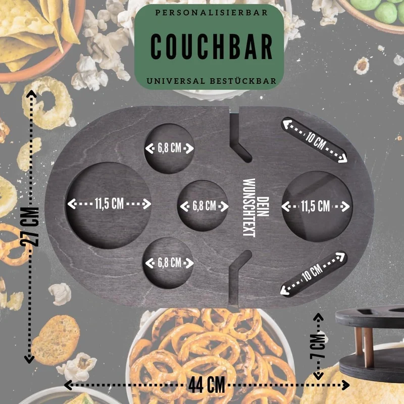 Couchbar Weinbar in schwarz mit 4 Glasschalen | Snackbar für Wein mit Getränkehalterung für Weingläs
