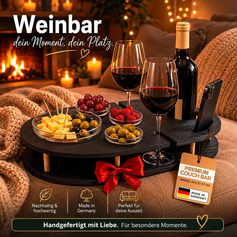 Couchbar Weinbar in schwarz mit 4 Glasschalen | Snackbar für Wein mit Getränkehalterung für Weingläs