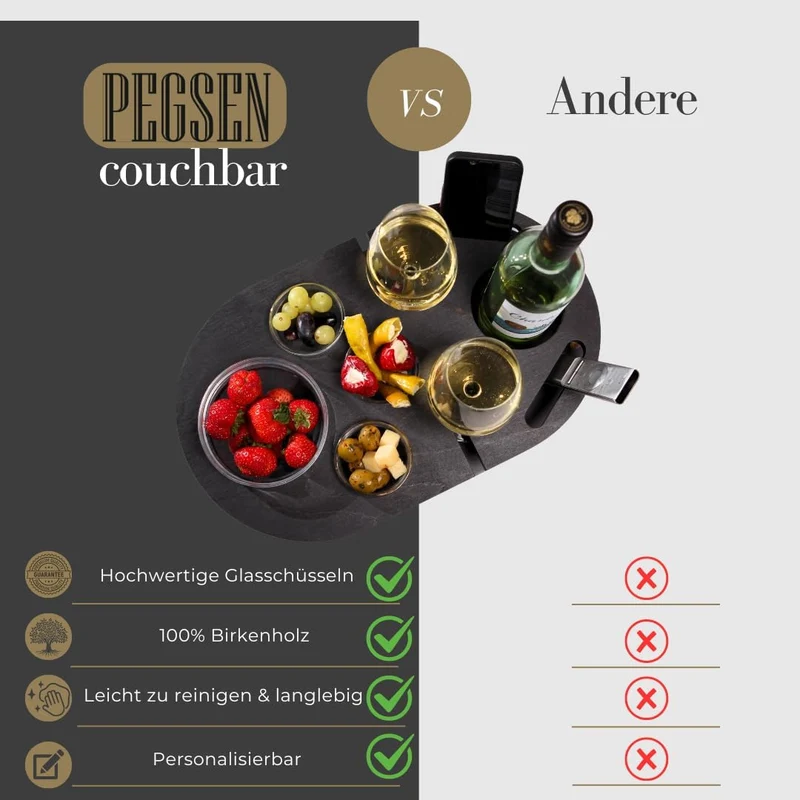 Couchbar Weinbar in schwarz mit 4 Glasschalen | Snackbar für Wein mit Getränkehalterung für Weingläs