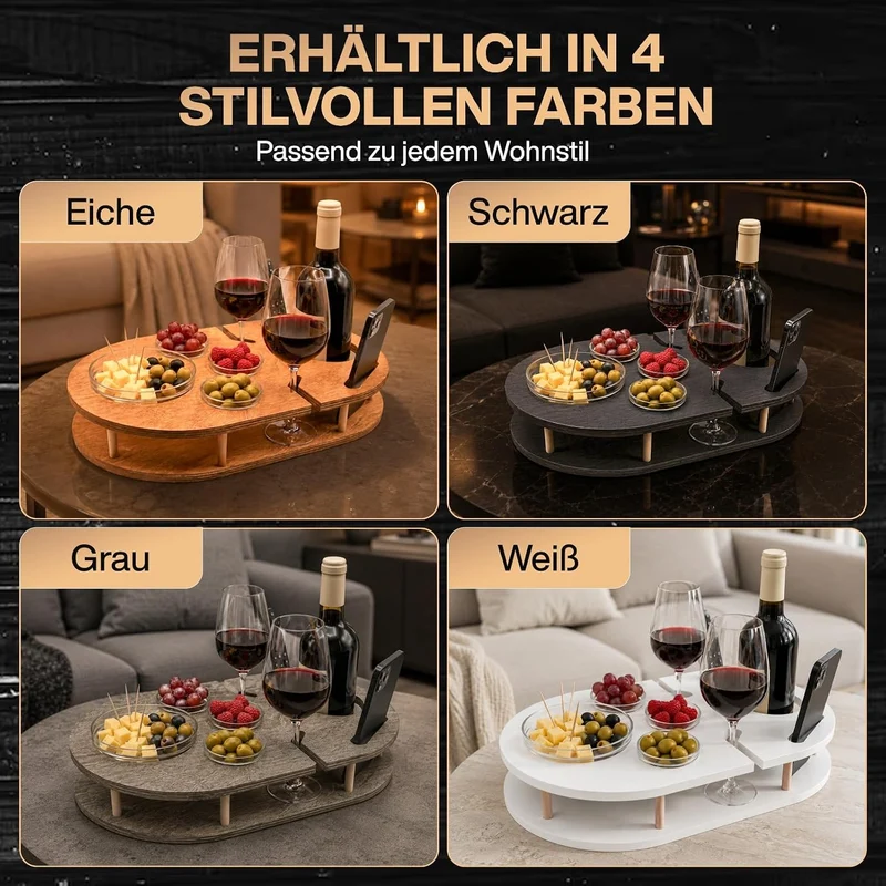 Couchbar Weinbar in schwarz mit 4 Glasschalen | Snackbar für Wein mit Getränkehalterung für Weingläs
