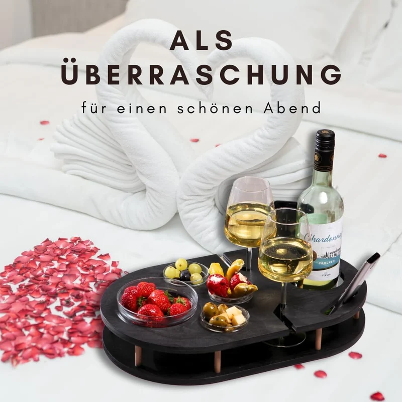 Couchbar Weinbar in schwarz mit 4 Glasschalen | Snackbar für Wein mit Getränkehalterung für Weingläs