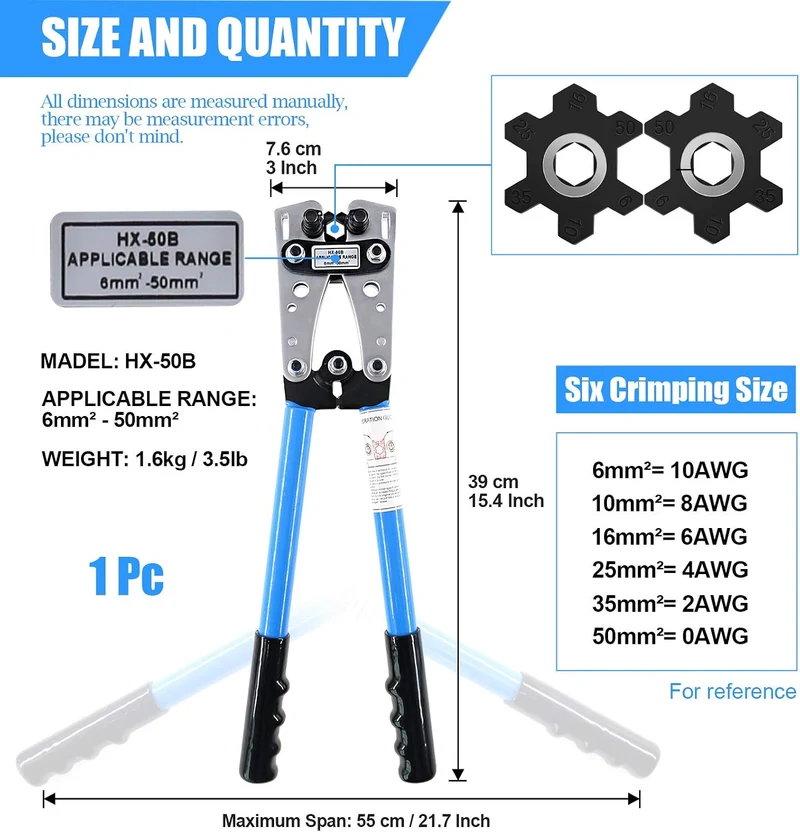 Glarks Kabelschuh-Crimpzange mit Ösen, Schlauchring-Anschluss-Set für 10, 8, 6, 4, 2, 0 AWG Elektris