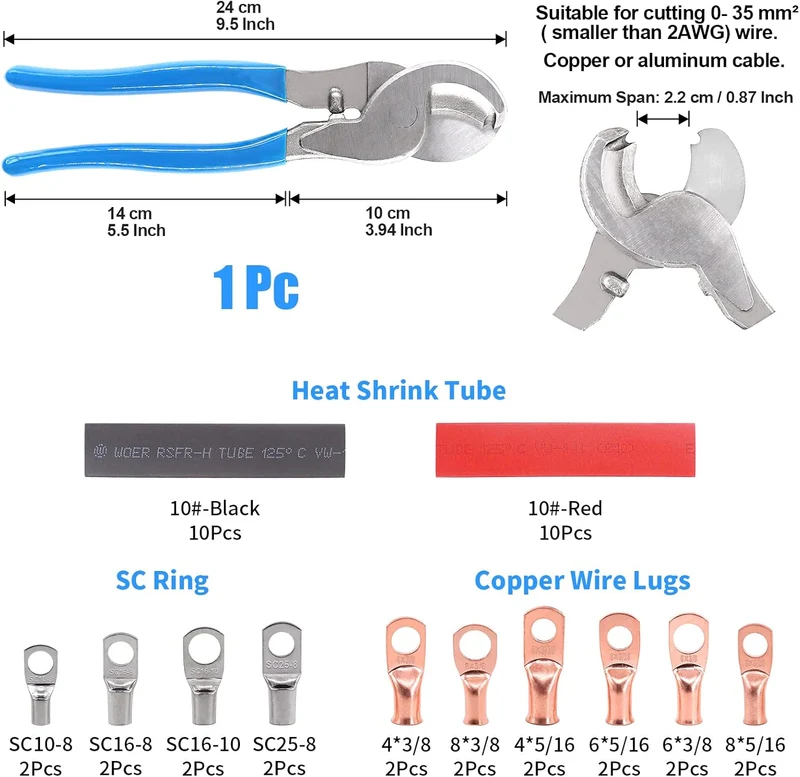 Glarks Kabelschuh-Crimpzange mit Ösen, Schlauchring-Anschluss-Set für 10, 8, 6, 4, 2, 0 AWG Elektris