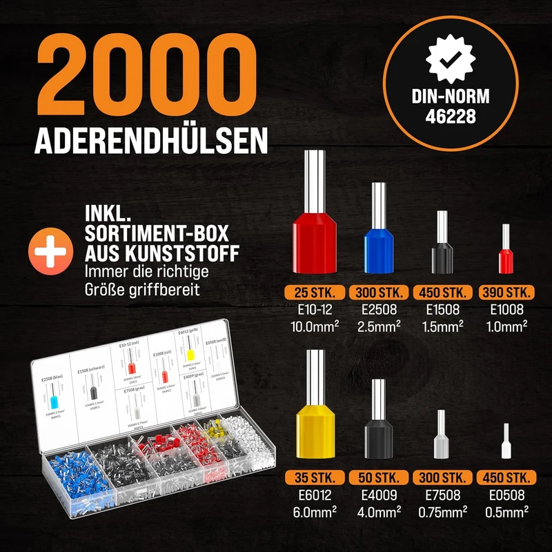 MONZANA® Crimpzange 0,25-10mm² 2000 Aderendhülsen Set elektrische Steckverbinder Aufbewahrungstasche