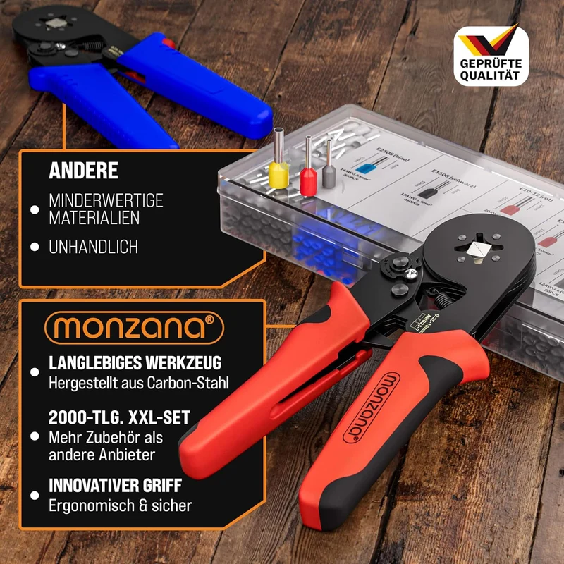 MONZANA® Crimpzange 0,25-10mm² 2000 Aderendhülsen Set elektrische Steckverbinder Aufbewahrungstasche