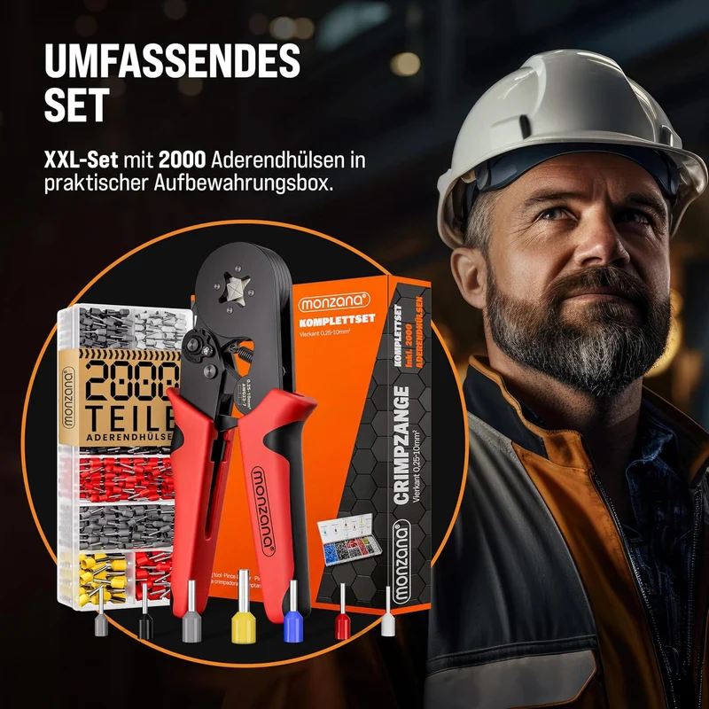 MONZANA® Crimpzange 0,25-10mm² 2000 Aderendhülsen Set elektrische Steckverbinder Aufbewahrungstasche