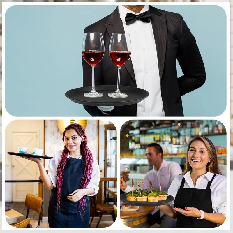 Schwarzes Rundtablett -35cm Serviertablett 8er Set Bartablett rutschfestes Serviertablett für Speise
