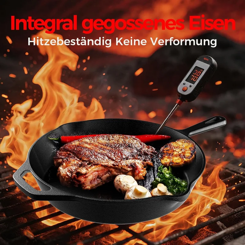 YASHE Gusseisenpfanne 26 CM, flache Bratpfanne für Steak und Fleisch, induktionsgeeignet, ofenfest,
