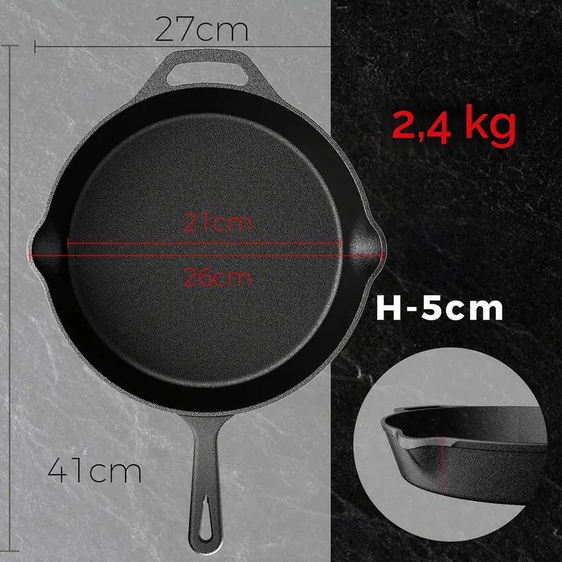 YASHE Gusseisenpfanne 26 CM, flache Bratpfanne für Steak und Fleisch, induktionsgeeignet, ofenfest,
