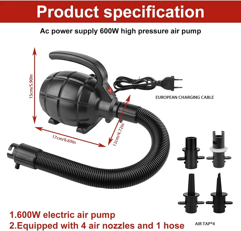 Elektrische Luftpumpe, 600W Elektrische Pumpe, Tragbare Aufblaspumpe mit 4 Luftdüse Aufblasschlauch,