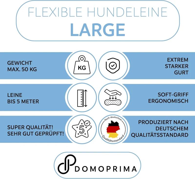 DOMOPRIMA Rollleine in 3 Grössen (S,M,L) und 4 Farben (grau, blau, grün, pink) - Robuste und sichere