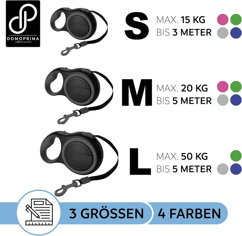 DOMOPRIMA Rollleine in 3 Grössen (S,M,L) und 4 Farben (grau, blau, grün, pink) - Robuste und sichere