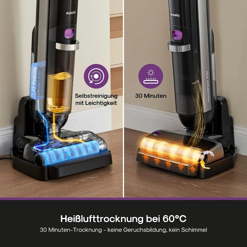 Eureka RapidWash NEW630 Nass Trockensauger Kabelloser Staubsauger mit 170° Neigung,50°C Heisslufttro