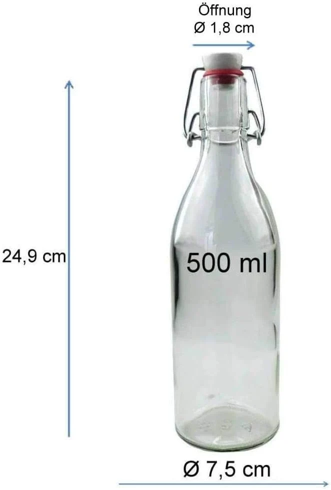 mikken 8x Glasflasche 0,5 Liter mit Bügelverschluss aus Porzellan, inkl Trichter