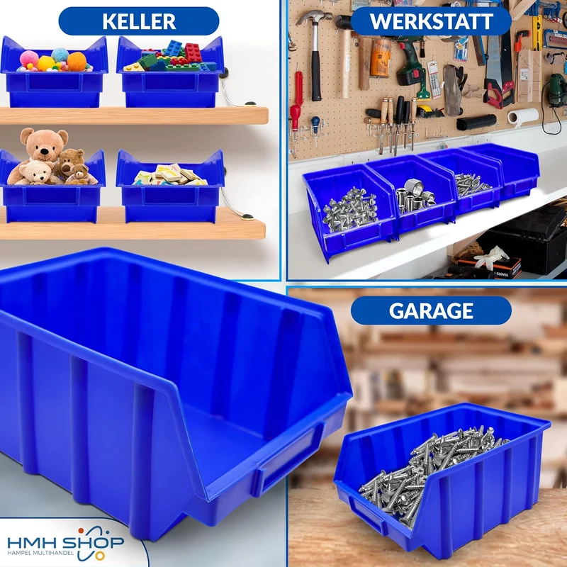 15x Stapelboxen Blau Grösse 4 Werkstatt Garage Keller Sichtlagerboxen (LxBxH) 340x222x157mm Lagerbox