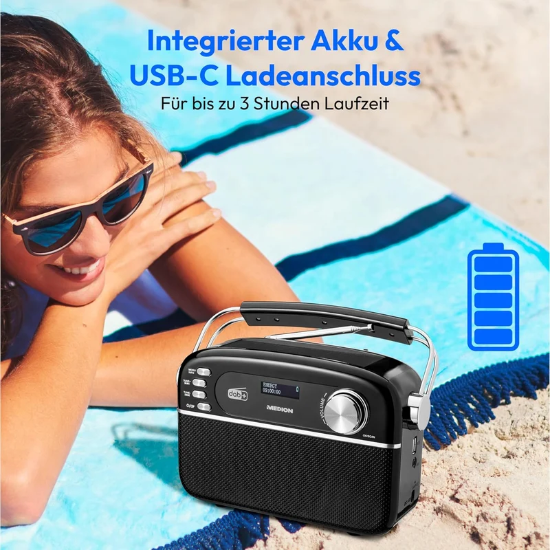 MEDION E66809 DAB Plus tragbares Solar Radio (Retro Design, Solarpanel, Bluetooth, DAB+ UKW, integri