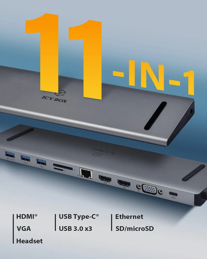 ICY BOX USB-C Docking Station (11-in-1) für 2 Monitore (2x HDMI & 1x VGA), 4K 30Hz, 3-fach USB 3.0 H