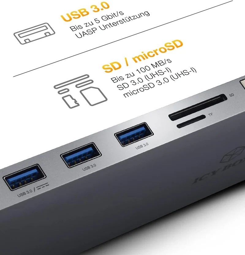 ICY BOX USB-C Docking Station (11-in-1) für 2 Monitore (2x HDMI & 1x VGA), 4K 30Hz, 3-fach USB 3.0 H