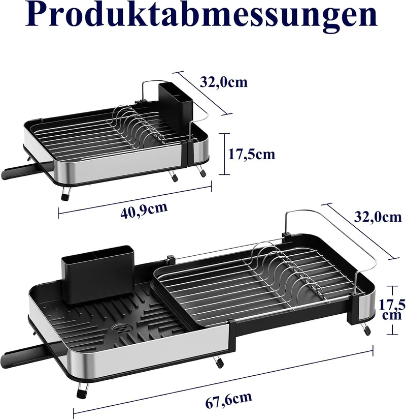 Kitsure Abtropfgestell Geschirr, ausziehbar, Metall, 40,9–67,6 cm Schwarz L, Schwarz L