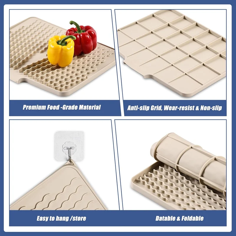 Abtropfmatte aus Silikon für Geschirr & Spüle,Creme, 60x40x1.8cm Creme 60D x 40W cm, Creme 60D x 40W