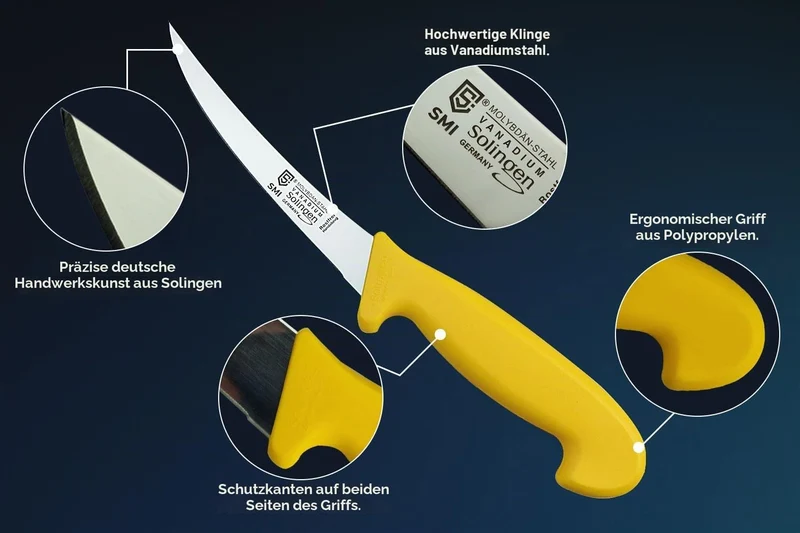 SMI - 3 Stück set Metzgermesser Solingen Fleischmesser Ausbeinmesser Gerade und Gebogen Edelstahl