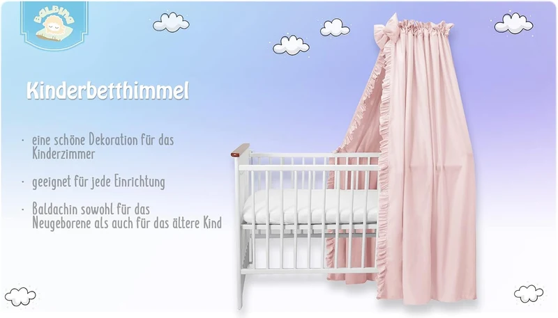balbina Baldachin 100% Baumwolle, Deko-Set für Kinderbett, Betthimmel mit Rüsche & Schleife, Moskito