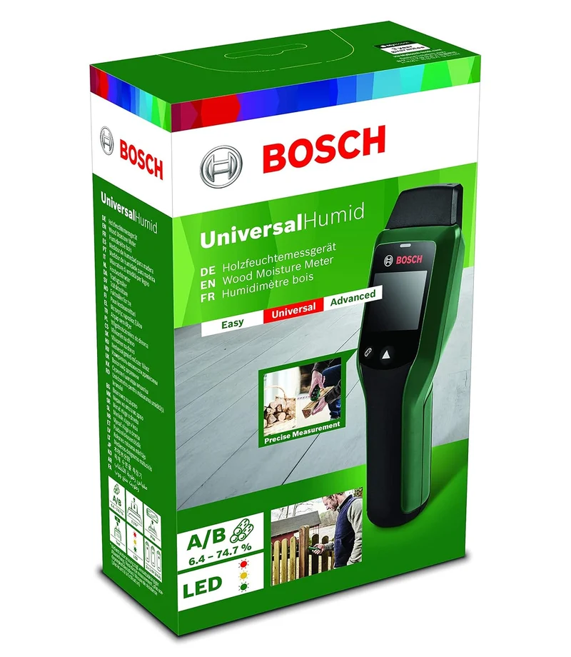 Bosch Feuchtemessgerät UniversalHumid (Holzgruppenauswahl, Holzgruppenaufkleber in 12 Sprachen,