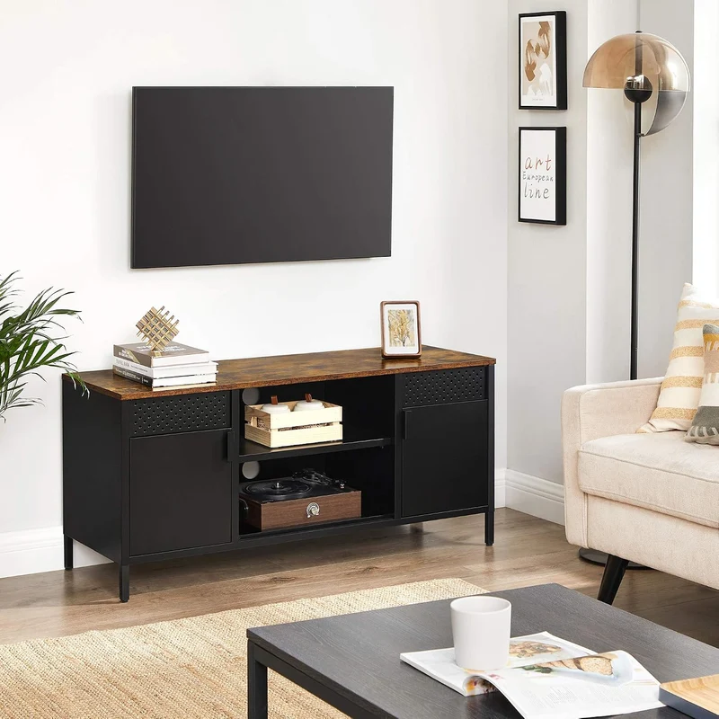 SONGMICS TV-Schrank, Lowboard für Fernseher bis zu 55 Zoll, mit Türen Vintagebraun + Mattschwarz, Vi