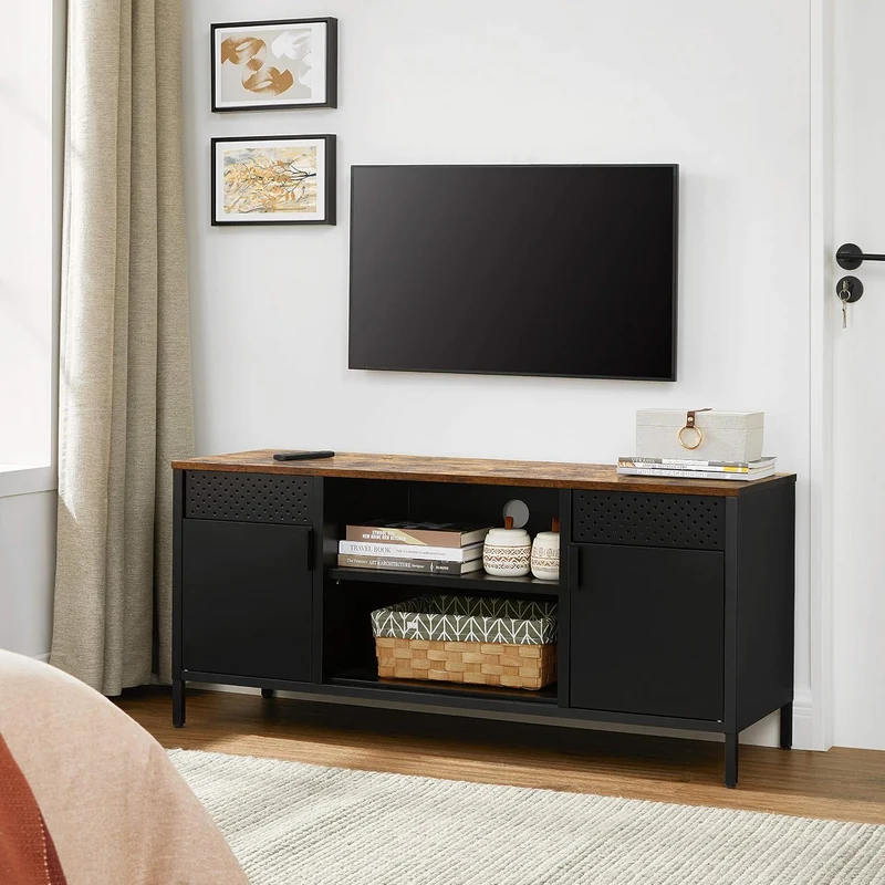 SONGMICS TV-Schrank, Lowboard für Fernseher bis zu 55 Zoll, mit Türen Vintagebraun + Mattschwarz, Vi