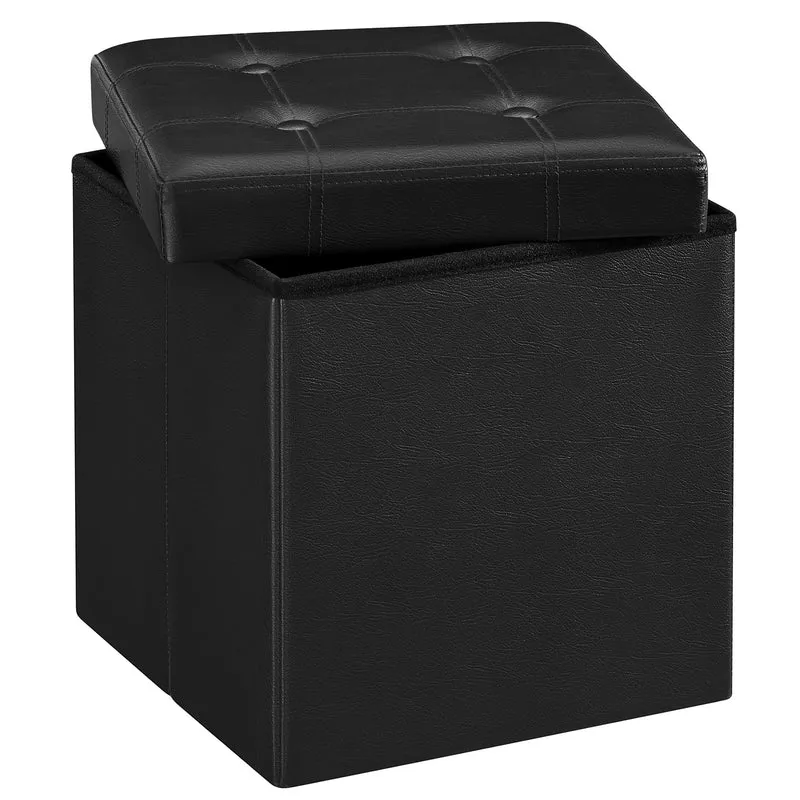 SONGMICS Sitzhocker 38 cm, faltbar, mit Deckel, PVC-Leder Schwarz 38T x 38B x 38H cm, Schwarz 38T x