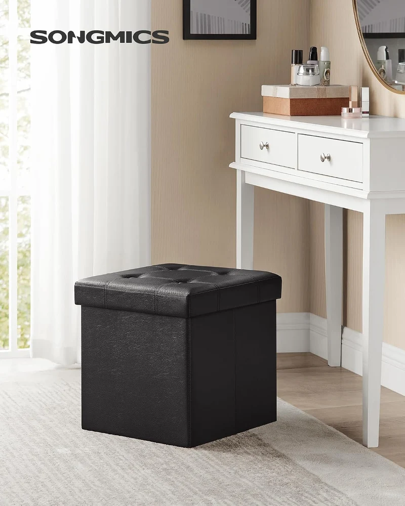 SONGMICS Sitzhocker 38 cm, faltbar, mit Deckel, PVC-Leder Schwarz 38T x 38B x 38H cm, Schwarz 38T x