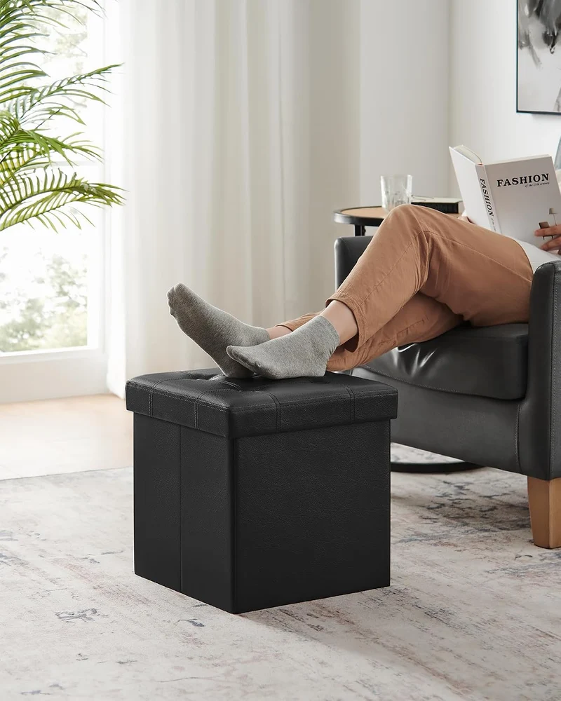 SONGMICS Sitzhocker 38 cm, faltbar, mit Deckel, PVC-Leder Schwarz 38T x 38B x 38H cm, Schwarz 38T x