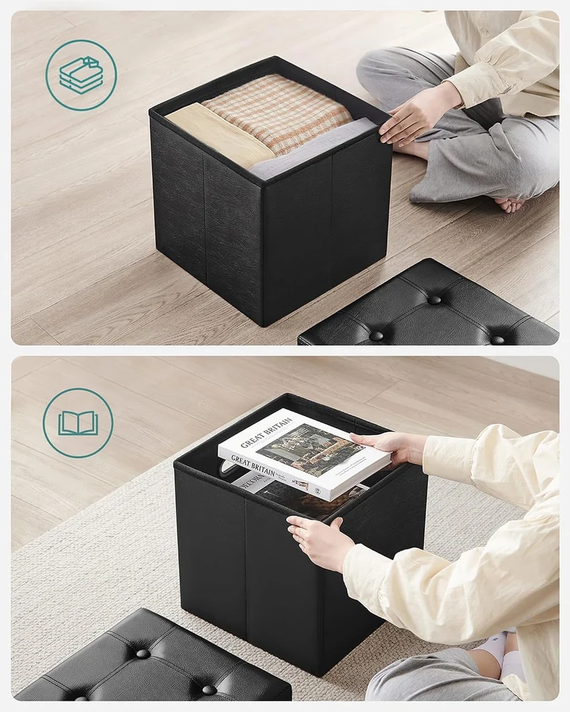 SONGMICS Sitzhocker 38 cm, faltbar, mit Deckel, PVC-Leder Schwarz 38T x 38B x 38H cm, Schwarz 38T x