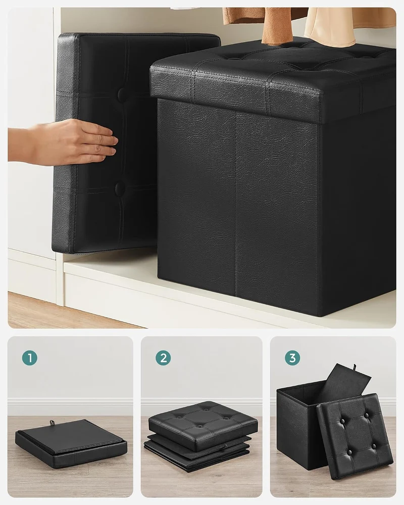 SONGMICS Sitzhocker 38 cm, faltbar, mit Deckel, PVC-Leder Schwarz 38T x 38B x 38H cm, Schwarz 38T x