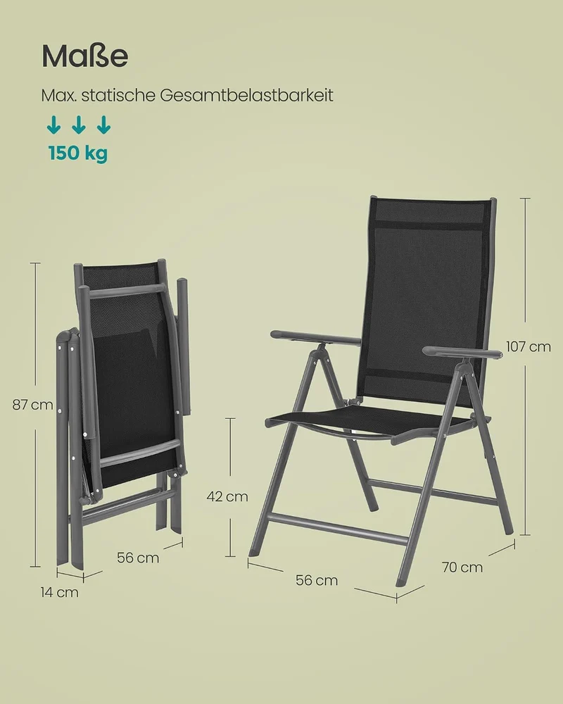 SONGMICS Gartenstuhl, 2er Set, Klappstuhl, 8-Fach verstellbare Rückenlehne 2 Schwarz, 2 Schwarz