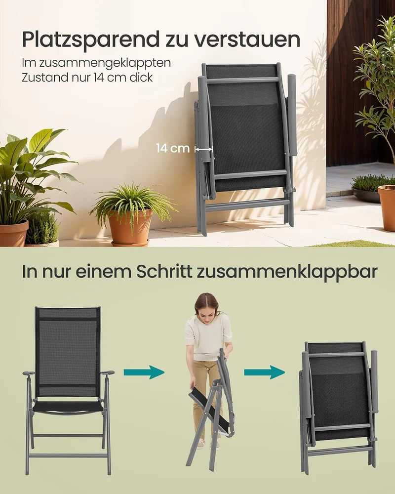 SONGMICS Gartenstuhl, 2er Set, Klappstuhl, 8-Fach verstellbare Rückenlehne 2 Schwarz, 2 Schwarz