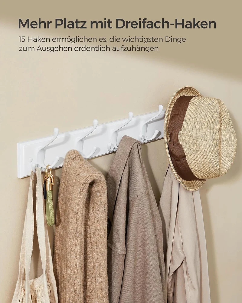 SONGMICS Wandgarderobe, 5 Dreifach-Haken aus Metall, vormontiert 5 Haken (50,4B x 4,6H cm） 1er Set,