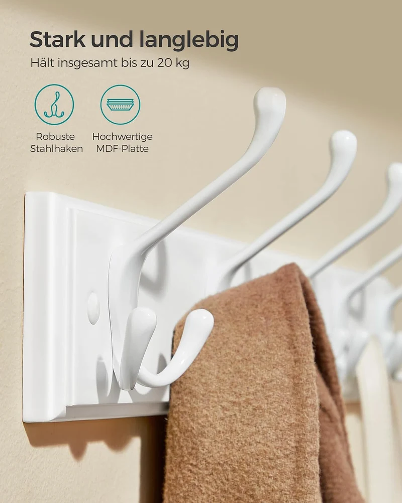 SONGMICS Wandgarderobe, 5 Dreifach-Haken aus Metall, vormontiert 5 Haken (50,4B x 4,6H cm） 1er Set,