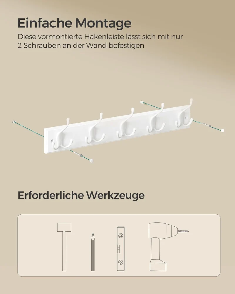 SONGMICS Wandgarderobe, 5 Dreifach-Haken aus Metall, vormontiert 5 Haken (50,4B x 4,6H cm） 1er Set,
