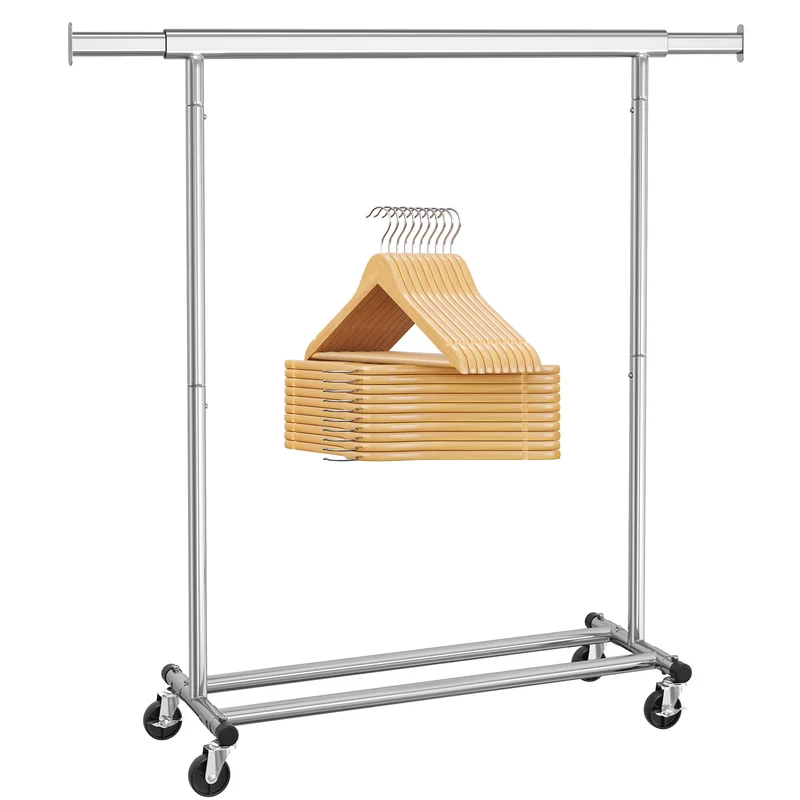 SONGMICS Kleiderständer 20er Kleiderbügel Set, Garderobenständer auf Rollen, Bügel aus Massivholz, a