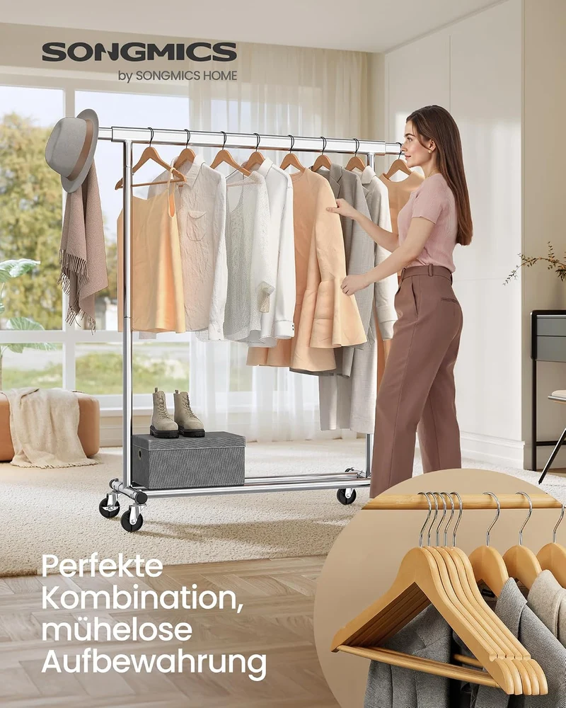 SONGMICS Kleiderständer 20er Kleiderbügel Set, Garderobenständer auf Rollen, Bügel aus Massivholz, a