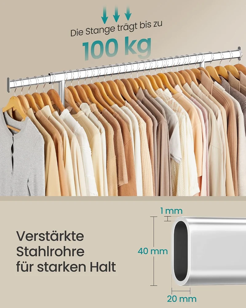SONGMICS Kleiderständer 20er Kleiderbügel Set, Garderobenständer auf Rollen, Bügel aus Massivholz, a