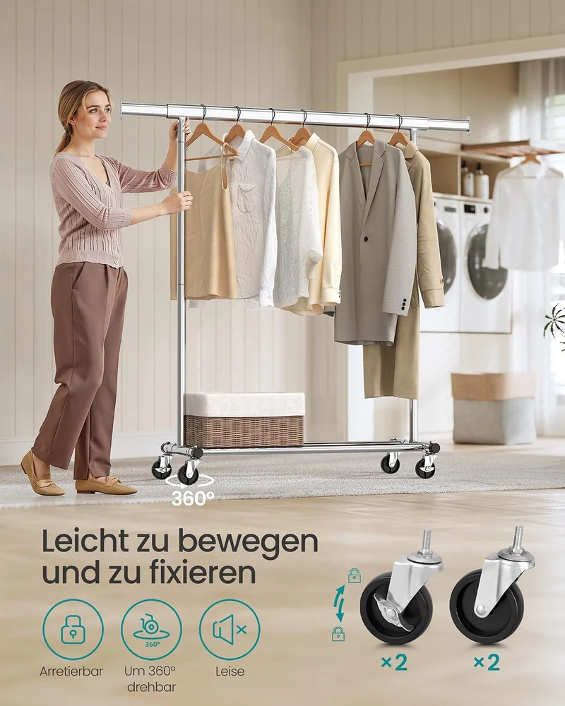 SONGMICS Kleiderständer 20er Kleiderbügel Set, Garderobenständer auf Rollen, Bügel aus Massivholz, a