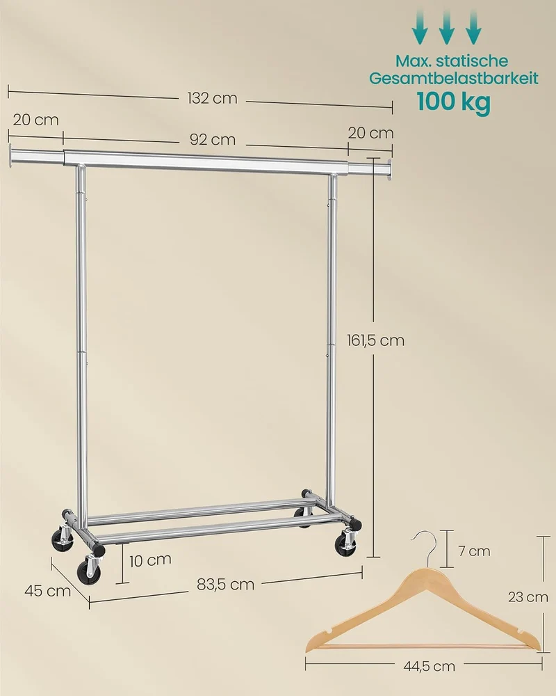 SONGMICS Kleiderständer 20er Kleiderbügel Set, Garderobenständer auf Rollen, Bügel aus Massivholz, a