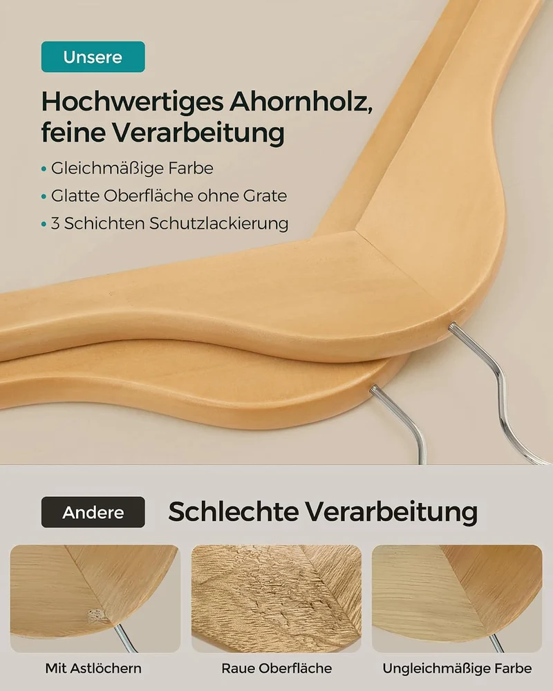 SONGMICS Kleiderständer 20er Kleiderbügel Set, Garderobenständer auf Rollen, Bügel aus Massivholz, a