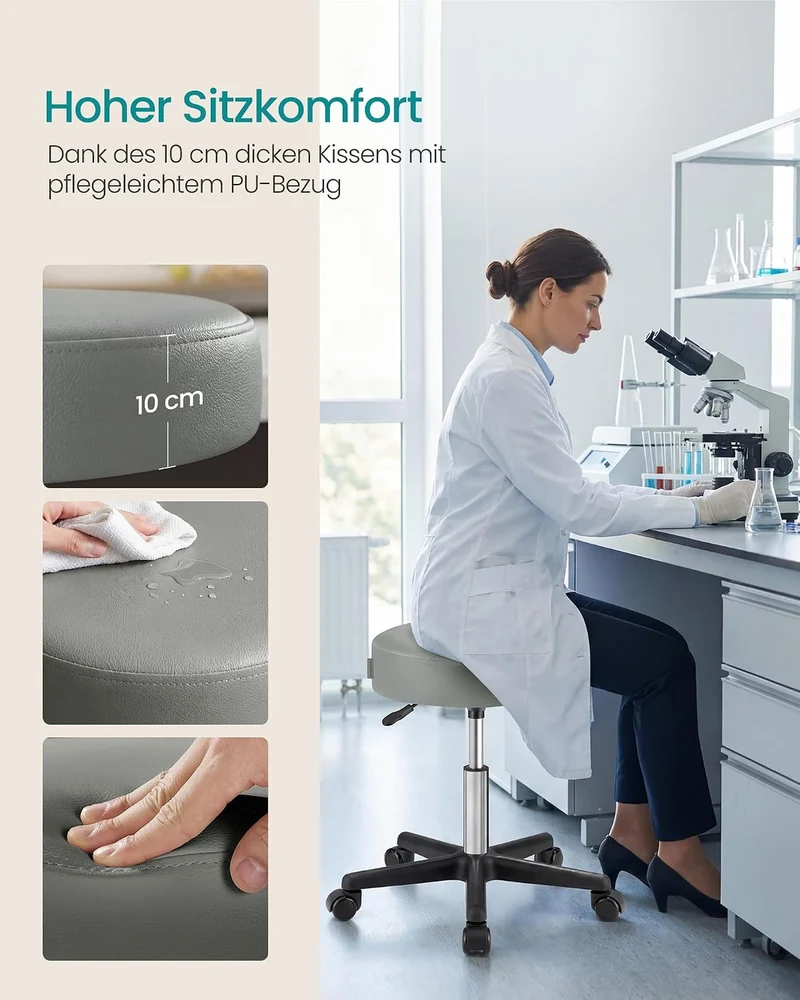 SONGMICS Barhocker auf Rollen, Barstuhl, höhenverstellbarer, Drehhocker, PU-Bezug, Arbeitshocker für