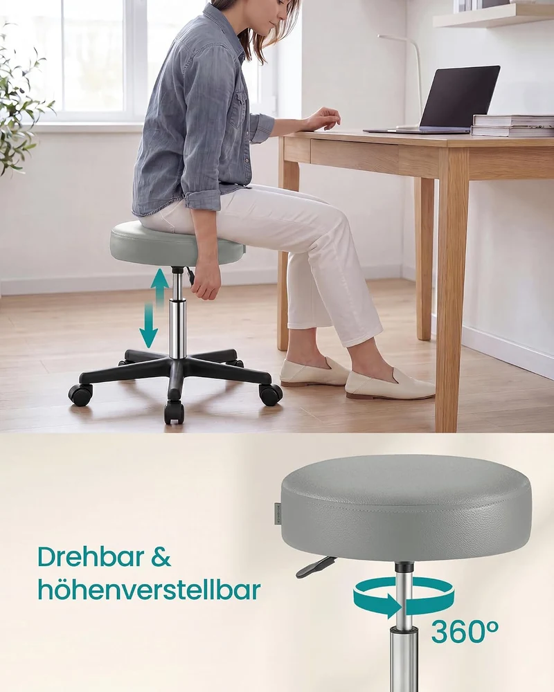 SONGMICS Barhocker auf Rollen, Barstuhl, höhenverstellbarer, Drehhocker, PU-Bezug, Arbeitshocker für