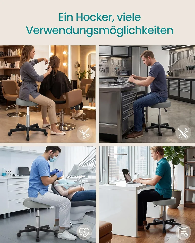SONGMICS Barhocker auf Rollen, Barstuhl, höhenverstellbarer, Drehhocker, PU-Bezug, Arbeitshocker für